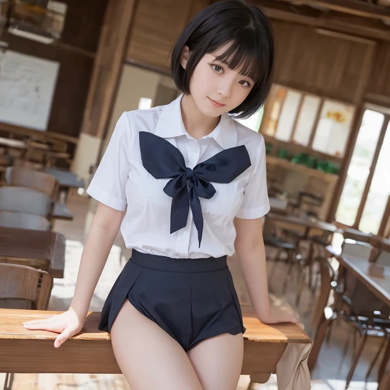(reality: 1.4),highest quality, masterpiece, high detail, 16K quality, beautiful, 1 beautiful girl,japanese,super beautiful face,baby face,japanese idol face,cute face,super detailed face,detailed hand,beautiful skin,oily skin,big eyes,profeccional lighting,medium hair,black hair,brown beautiful eyes, big smile,standing, (skirt lift),big breasts,(sailor suit),(checked skirt),white panties,(showing panties),black high socks,spread legs, she is looking at the camera,classroom, nsfw,from below,
