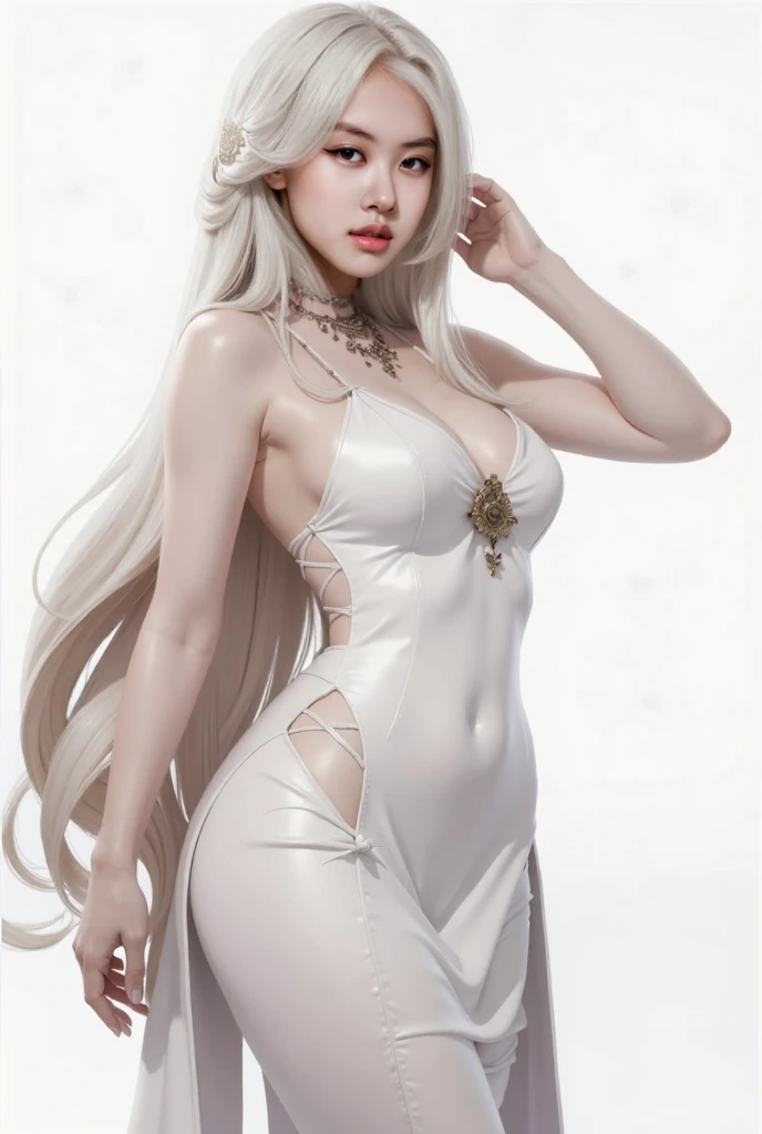 a woman in a long silver solid draped spaghetti dress, silver high heels, diamond hair piece, 17 years old, shoulder length slightly wavy hair, ((white hair)) and gleaming detailed vibrant yellow eyes, slim frame, medium breasts, long legs, beautiful face, small butt size, small feet size, small hand size, perfect hands, scary face, beautiful face, pretty face, hot woman, British woman, cream skin, small soft pink lips , medium breast size, slim figure, standing pose, soft features, cute girl, perfectly framed face, soft pink lips, glossy lips