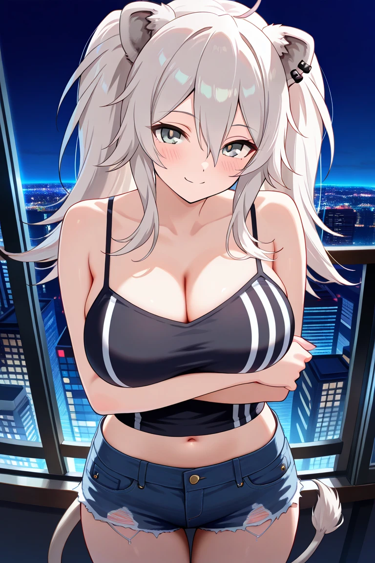 top-quality、Top image quality、masterpiece、s girl((18year old、 Ager、Best Bust、Medium bust,wide open breast tea、light blue eyerest, bionde、poneyTail、A slender,White jacket、Blue tank top、Black pants、raise both arm、The best smile、Laugh)),hiquality、Beautiful Art、Background with((jpn、Mt fuji、Summit of Mt、Night World))masutepiece、depth of fields、movie、visualart、Perfect Art