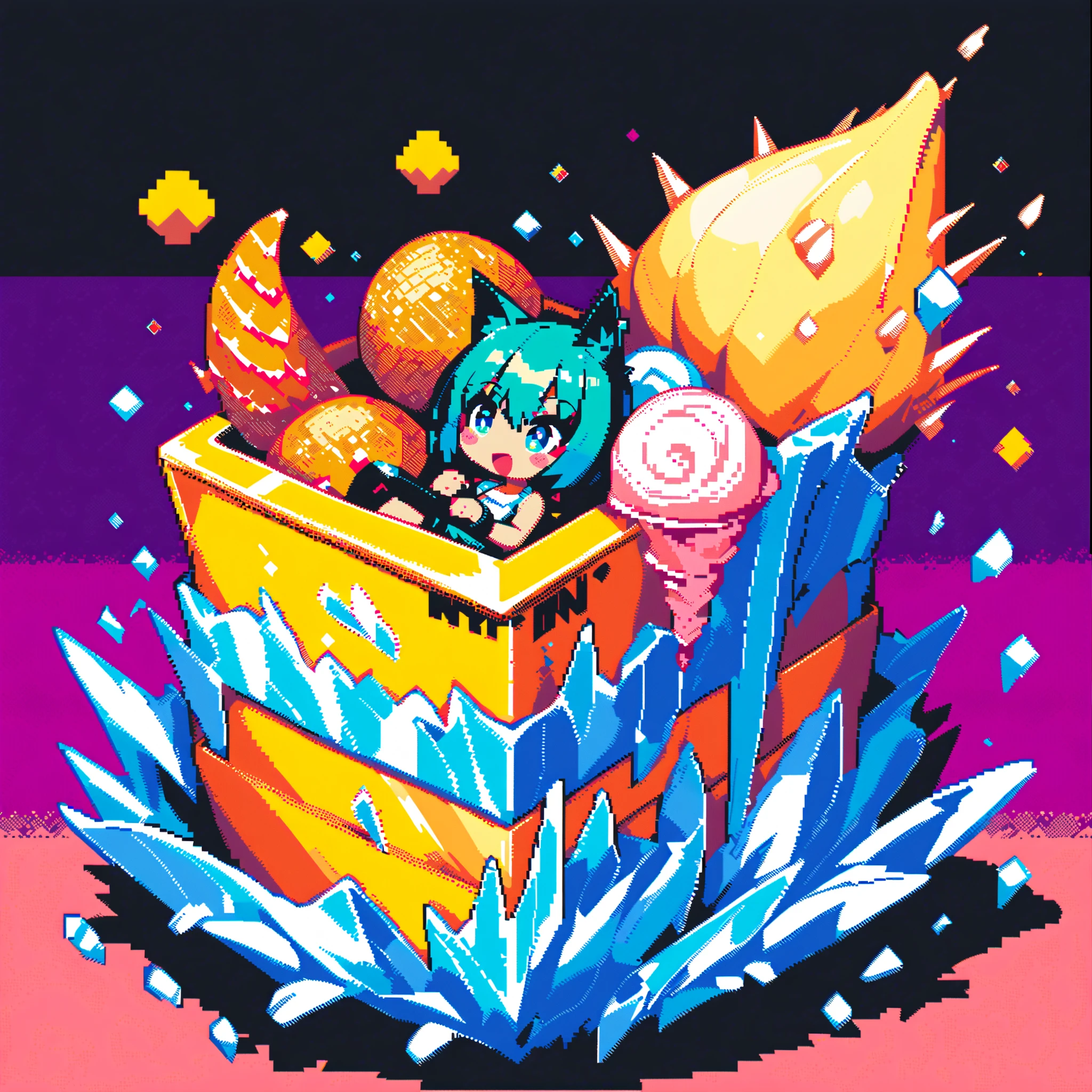 pixel style. stylized modern pixel art style. a cat riding a yellow banana fruit bike through a giant container of ice cream.
