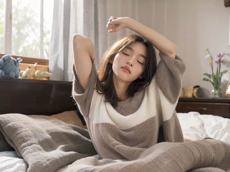 A beautiful Asian age girl just waking up in a cozy, softly lit bedroom. She's sitting up slightly in bed with a warm blanket covering her lower body. Her eyes are gently closed, and her face is scrunched in a sleepy stretch as she raises her arms above her head. Her long hair is slightly messy from sleep. The morning sunlight softly filters through closed curtains, casting a golden glow across the room. Around her are cozy objects like plush pillows, a bolstered pillow, and a couple of stuffed animals. The focus is on her half-awake expression and stretch, framed in a warm, peaceful age bedroom scene. Soft pastel tones, natural lighting, cozy atmosphere.