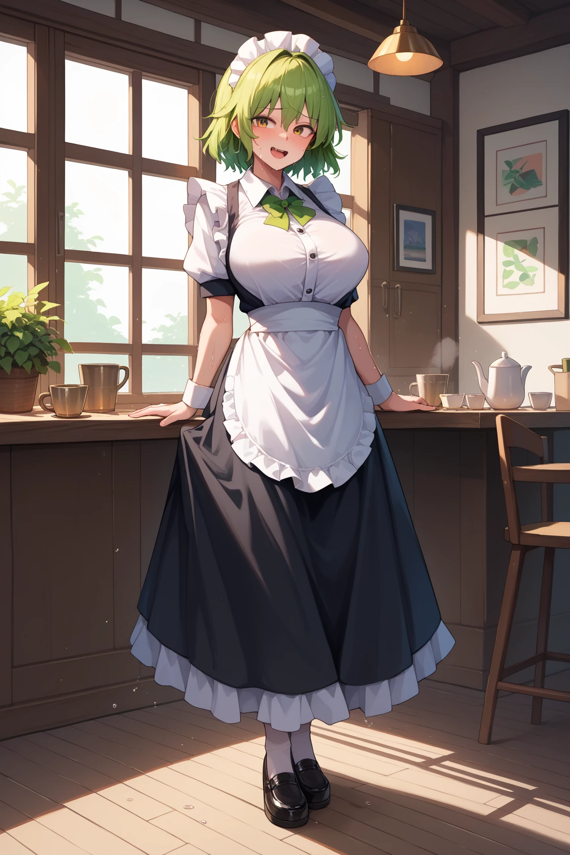 mastute piece,Best Quality,insanely detailed,8k cg,nsfw,
shoot upper body,(body in front:1.1),
1girl,standing,looking at viewer,Proudly、(upright:1.3),(Floristの店員、apron),
break,blush,shy,(trembling:1.2),break,(Green Hair),(large breasts:1.1),Short:1.2、(open mouth:0.9),(Florist),