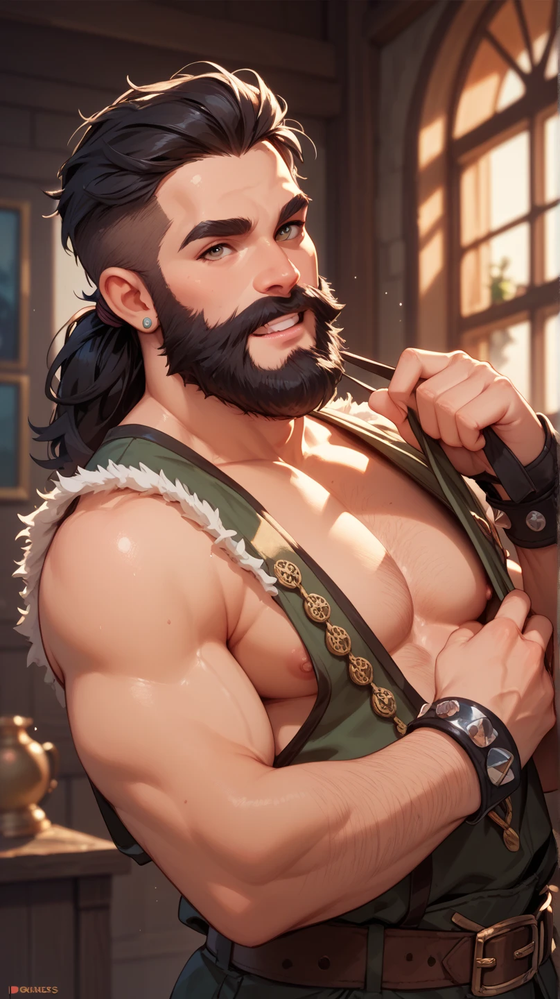 30 years old,centaurcpt,(black hair and full beard),(best quality, 4k, 8k, high resolution, masterpiece: 1.2), detailed facial features, spectacular lighting, from above, anatomically correct, super detail, hairy chest, rays of light in forest, ray tracing, full body portrait, 