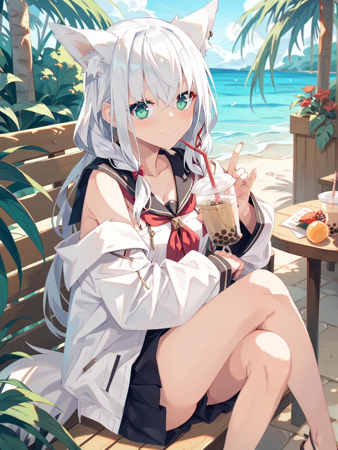((Masterpiece)), (Squat)), (Sit on a White Beach Chair and Drink Tropical Juice), (((Metallic White Bikini)), 1 Girl, Long-haired, Ponytail, (Silver-haired), Sad Smile, Aqua Eyes, Small, , Noon, Sunshine, Seaside, Fantastic Sky