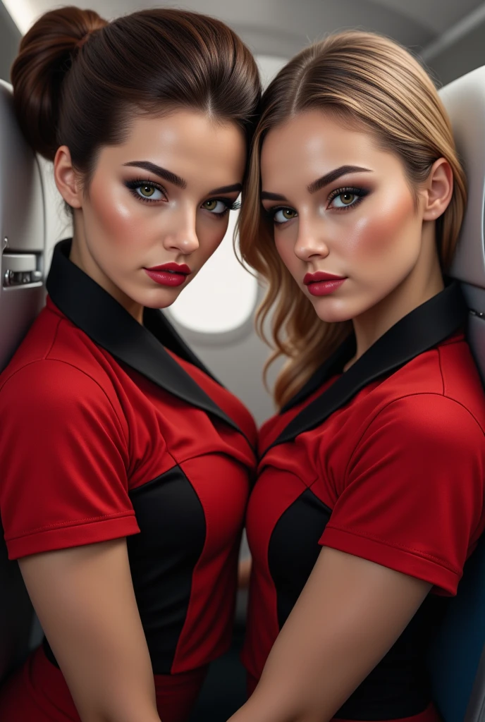AMBER HEARD como una CABIN CREW QATAR AIRWA, take one ((Skirt: 1.2)), open view, full body view, 2 girl, most beautiful (American Girl) in the world, skin pores, subsurface scattering, Rays of radiant light, High resolution ((detailed facial features: 1.2)), High detail, sharp focus, seeds, Aesthetic, extremely detailed, (extremely detailed eyes), extremely detailed hair, extremely detailed skin, extremely detailed clothes, Octane rendering, photoRealista, Post-procedure, (maximum detail: 1.4), realistic shadows, roughness, Natural skin texture, real life, ultra-realistic, photorealism, Photography,8k, Photography, HdR, Intricate, elegant, Very detailed, sharp focus, different poses, Awesome, beautiful, The best quality, masterpiece, Imperfections, Amazing beauty, mira sexy, seductive look, blue eyes, dark blonde hair, (wavy fur), CABIN CREW