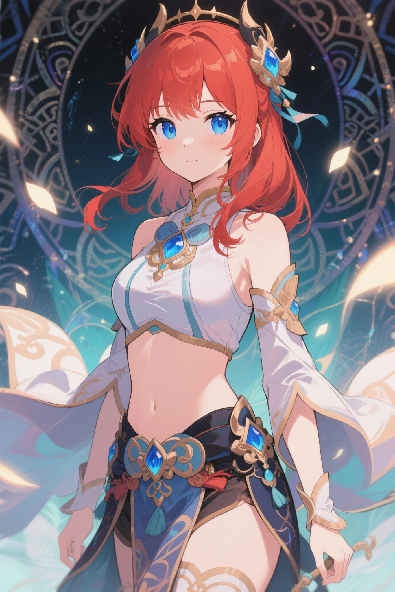 slim legs, blue eyes, nilou, red hair, long hair, mesmerising , medium breast, happy, cleavage, armpit, perfect armpit, ((masterpiece,best quality)), absurdres, Ganyu_Genshin, 1girl, solo, long hair, blue hair, purple eyes, low ponytail, ahoge, horns, long hair, low ponytail, ahoge, horns, bare shoulders, neck bell, bodystocking, white dress, gold trim, flower knot, detached sleeves, black gloves, pelvic curtain, thighlet, pantyhose, smile, looking at viewer, cowboy shot, merging