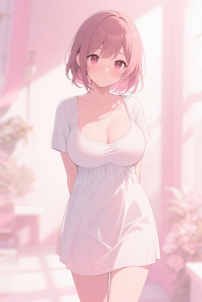 1 girls, Are stand, medium Hair, pink hair, cute white underwear, cute white dress, smile, ((32K)), ((best quality)), ((ultra high res)), ((HDR)), ((uhd)), ((extremely detailed CG)), ((unity 32K wallpaper)), ((perfect anatomy)), (cowboy shot), (to be reflected in a mirror ),