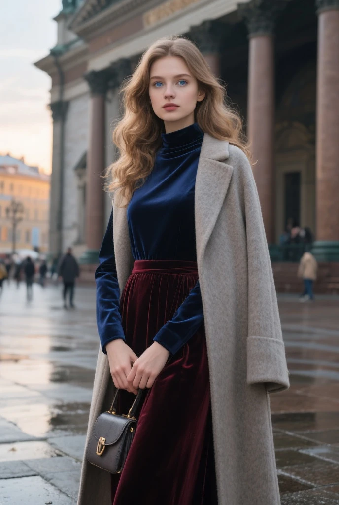 une femme debout, sérieuse, ((à Copenhague)), de face, (près du port de copenhague), ((statut de sirène derrière elle)), smirk, jolie corps, beau visage tenue traditionnel, (robe traditionnel danoise)
