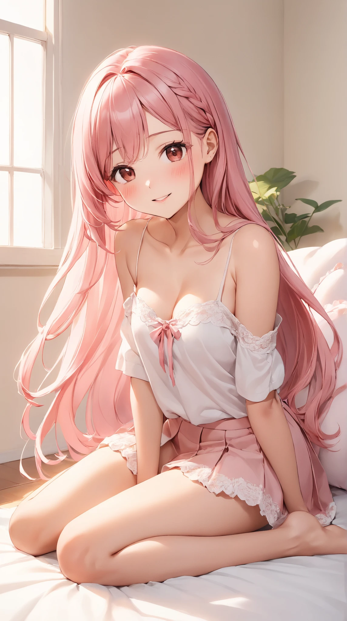 anime girl in a white dress sitting on a bed with a pink hair, seductive anime girl, Anime visual of a cute girl, wearing clothes, (anime girl), Cute anime waifu wearing beautiful clothes, cute anime girl, Anime cute art style, pretty anime girl, young anime girl, Smooth anime CG art, anime girl with long hair, beautiful anime girl