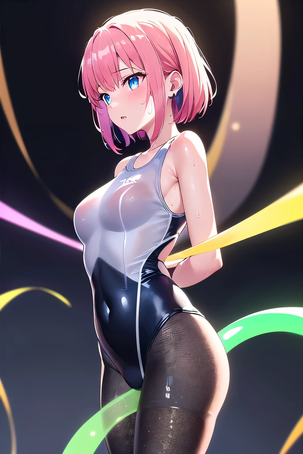 girl,boyish, very short hair, pink Hair, medium Breasts,Black glossy tight suit,Cowboy Shot,blush,sexy face,blue eyes,front leg pose,Tight fit,clearly,Striped pattern, (white background:1.3), (open mouth:1.2), (smile:1.3), (glossy:1.5)