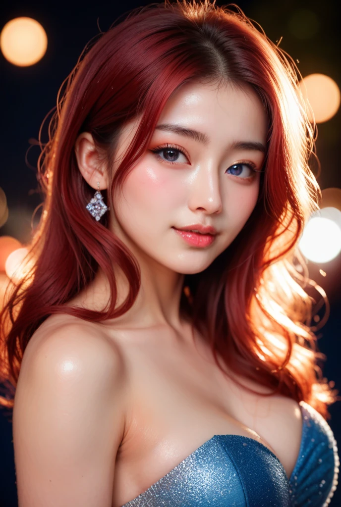 1 girl, star eye, blush, perfect lighting, Red hair, Eyes red, engine unreal, side lighting, face detailed, bangss, shining skin, simple background, dark background showing big breasts with pink breast peaks