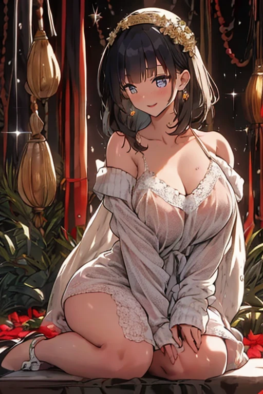 (((Masterpiece))),(((Super Detail))),(((in 8K))),(((best composition))),(((Rim lighting,Fireglow effect,deep shadow))),solo),Beautiful fingers,Detailed finger features,(Detailed hair features:1.7),(Dynamic and sexy bending pose:1.3),detailed facial features,detailed clothes features, (perky chest:1.1), (pointed chest:1.3), delicate beautiful face, Bright blue eyes, cute eyes, sparkling eyes, Big eyes, beautiful detailed eyes,double bun with glittering hair ornament:0.6,(super detailed glossy skin:1.3),slender body,goddess smile,((with sparkling eyes and a contagious smile)),beautiful posture,have a cup of coffee,black hair, red eyes, dress, bare shoulders, jewelry, collarbone, sidelocks, hairband, earrings, indoors, off shoulder, sweater, arms behind back, plant, short hair with long locks, white hairband, off-shoulder dress, sweater dress, off-shoulder sweater, red sweater, big side hair, very long side hair,(super delicate floral pattern:1.2),seductive cleavage:1.3,beautiful glossy legs,shiny red high heels,lifting dishes with cakesd,french restaurant,hustle and bustle,rising steam,(((depth of fields)))