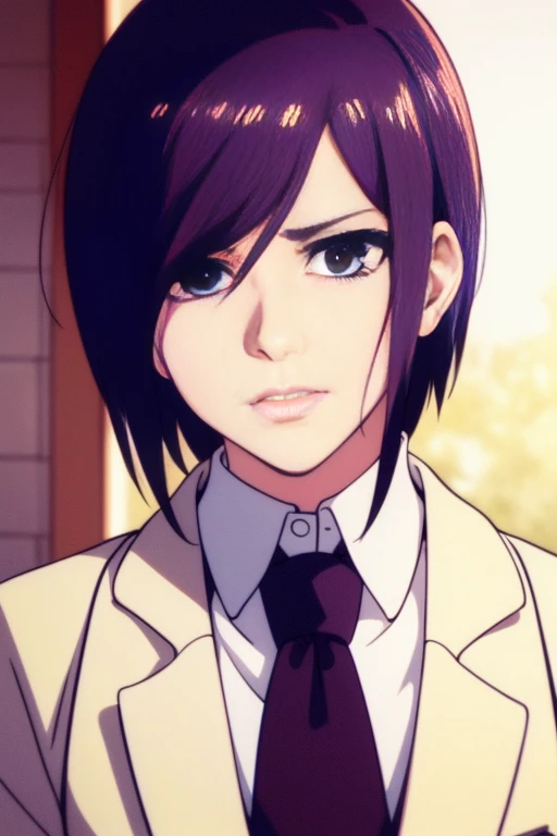 girl with short purple hair, WHITE eyes, in a ghost costume, highly detailed high contrast hd masterpiece of best quality in high resolution.