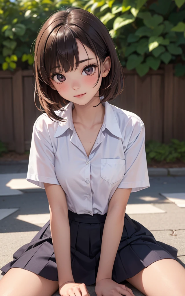 From the front, from below, white shirt, gray pleated skirt, white socks, loafer shoes, medium brown hair, blue eyes, sitting on knees, river bank, smiling