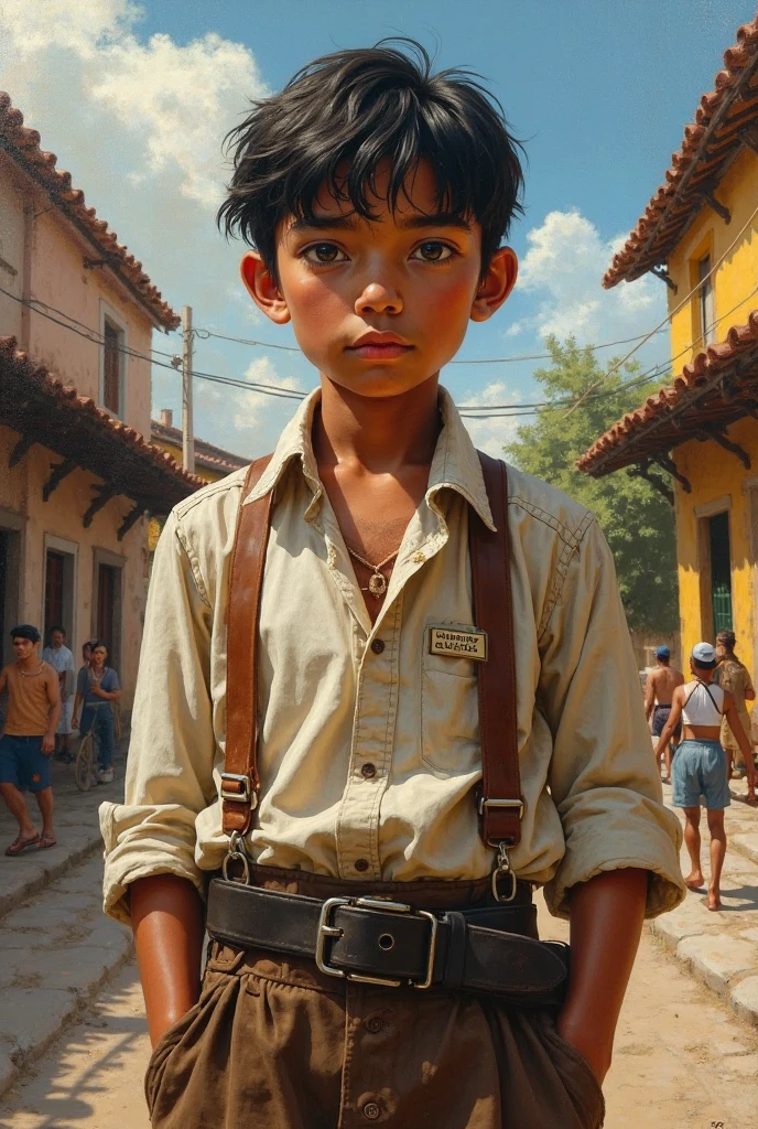 
Prompt em inglês:

Amid the vibrant chaos of a lively plaza, an  boy, Miguel, stands out with his lean and wiry frame, his worn appearance a striking contrast to the bustling energy around him. He wears a tattered shirt, its fabric faded and visibly torn at the sleeves and hem, smeared with streaks of dried mud that cling to the folds. His shorts, equally ragged, hang loosely on his small ????, revealing legs marked by fresh scrapes and faint scars—a testament to his rough and restless life.

Miguel’s dark brown hair is messy and uneven, falling over his forehead in unkempt strands, and his sun-kissed skin is streaked with dirt, particularly on his arms and cheeks. His light brown eyes, wide and expressive, reflect a mix of cautious observation and youthful resilience, as he stands slightly hunched amidst the vibrant scene. His posture, though understated, conveys both an instinct to remain unnoticed and the restless energy of a .

All around him, the plaza is alive with movement and sound: street vendors shout from their colorful carts loaded with roasted corn, fresh fruit, and plastic toys. A group of ren races by, kicking a deflated ball across the uneven cobblestones, their laughter blending with the shouts of merchants and the melancholic tune of a saxophone echoing in the distance. The warm afternoon sunlight filters through scattered trees, casting dappled shadows over the cobblestones and emphasizing the contrast between Miguel’s muddy, torn clothing and the bustling, colorful atmosphere of the plaza.

Visual Style: Realistic, 4K resolution, with cinematic lighting focusing on Miguel’s tattered, mud-streaked shirt and the worn details of his shorts and skin. The blurred background captures the dynamic, chaotic ambiance of the plaza—vivid colors, moving figures, and the interplay of light and shadow—while keeping Miguel as the focal point, standing resilient in the heart of the action.

