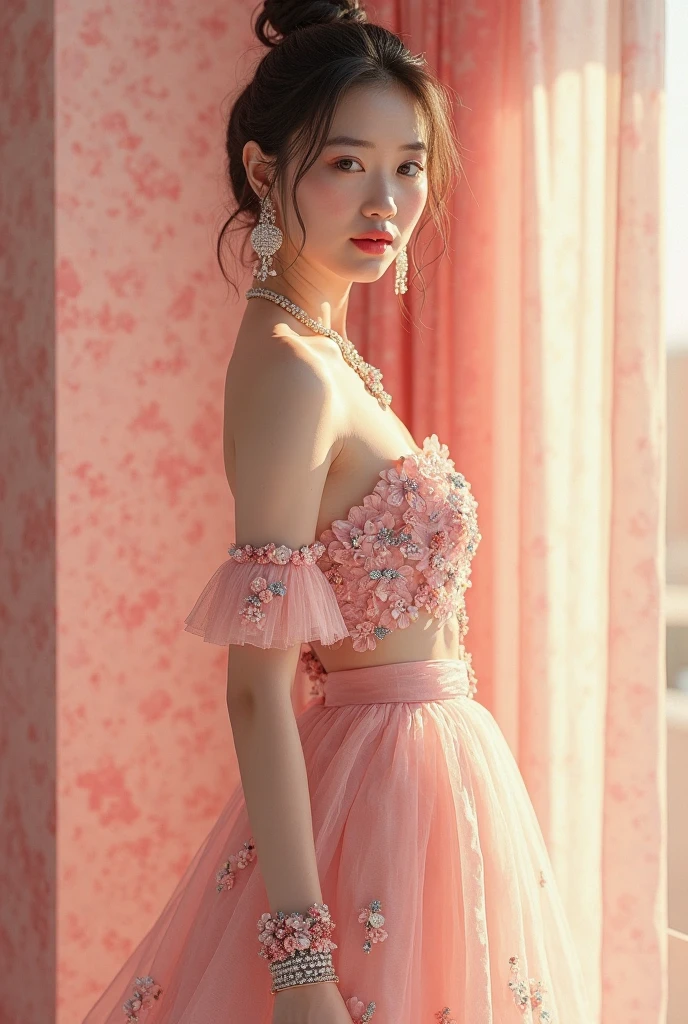 blond woman in 핑크빛 옷 holding a flower in her hand, dressed in a pink outfit, wearing an organza gown, wearing ballroom gowns, Stylish editorial photography, official valentino editorial, translucent dress, Subtle and dreamy, celestial fairy tale, very subtle, dreamy and heavenly,lots of merlot, official dior editorial, 1 woman,