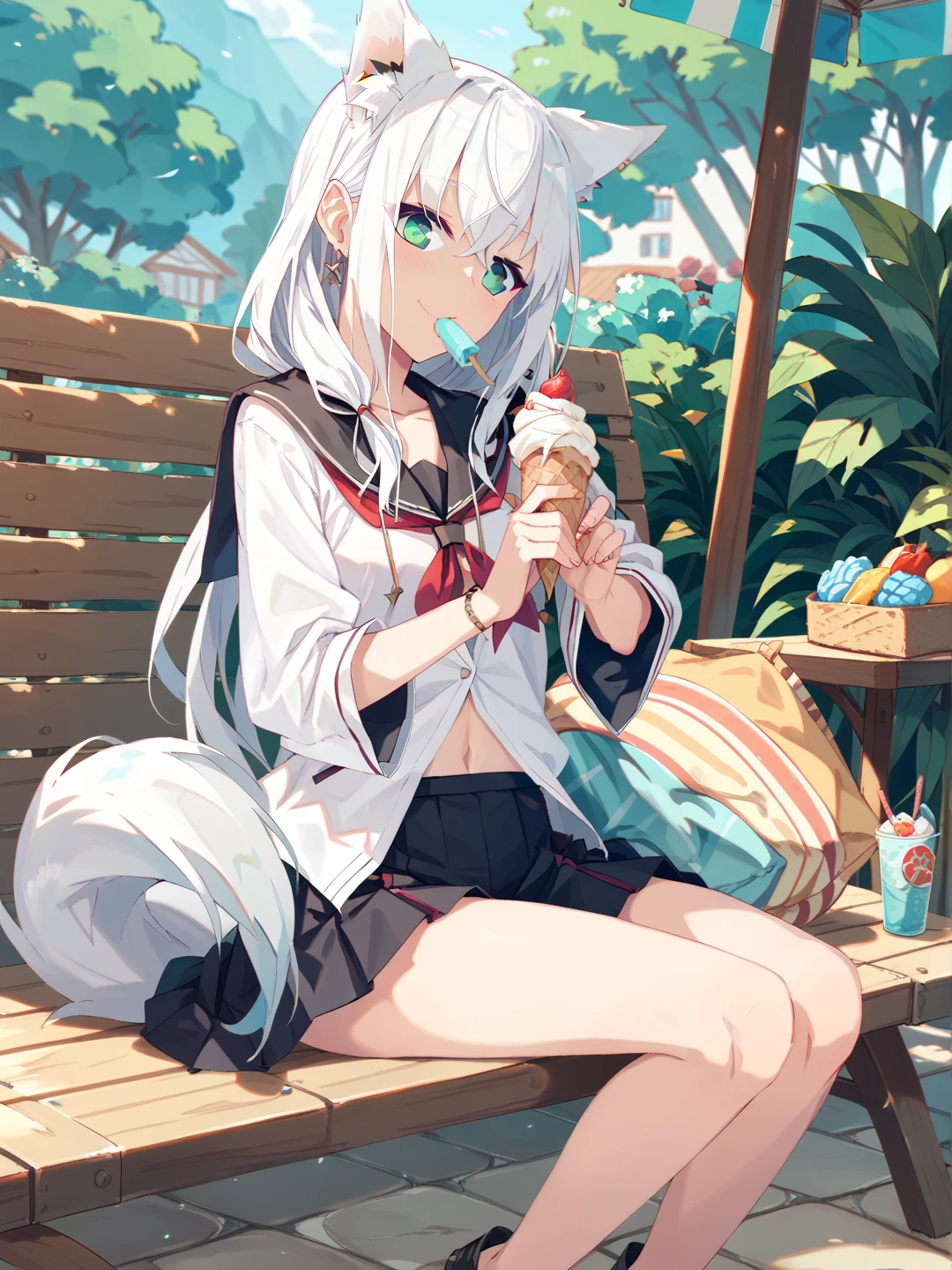 (Eating an ice cream bar with his mouth open).Girl、Very cute girl、(11 years old)、white hair、Long Straight Hair、Bangs are too close to the eye、Light red eyes、(Normal human ear)、Thin arms、Beautiful body、Slim legs、Shapely breasts、clear white skin、smile、(T-Shirtini skirt、White and blue)、I know the shape of the nipples、(rose garden)、Ultra HD、Digital SLR,Sit on、