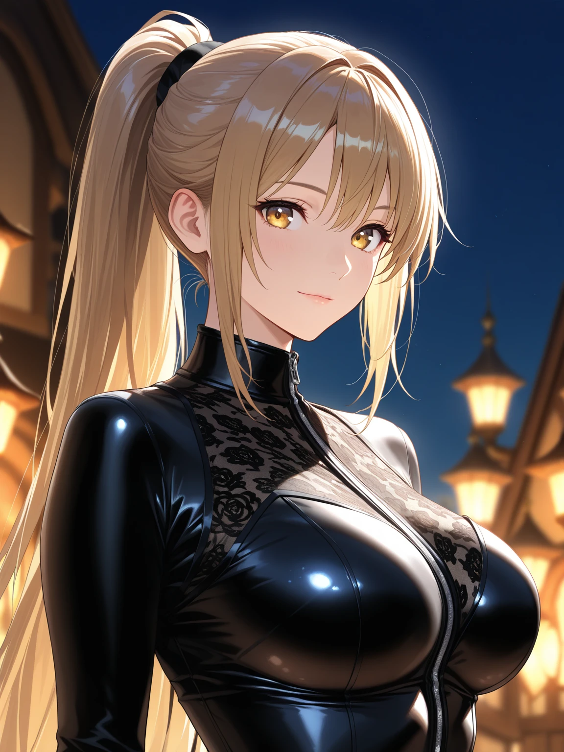 Girl with long dark blonde hair with bangs and grey eyes wearing a beautiful black sparkling dress in the middle of the night in a ship. She has a sassy smile. The sky is black 