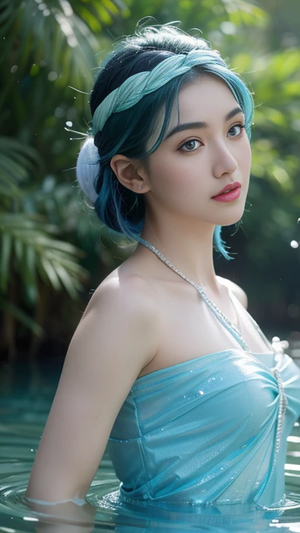 miku hatsune、Standing in the water、In waist-deep water、getting wet、Wet body sweat、Photorealsitic, hight resolution, 1 rapariga, white hair, Korea person, Heterochromia eyes, small moles under eyes, The bikini, large full breasts, Blue-haired、(Blonde mesh)、Beach、plein air、Pigtails straight hair、liquids、Eau、lake、a river、beautiful detailed water、(water dripping:1.4)、