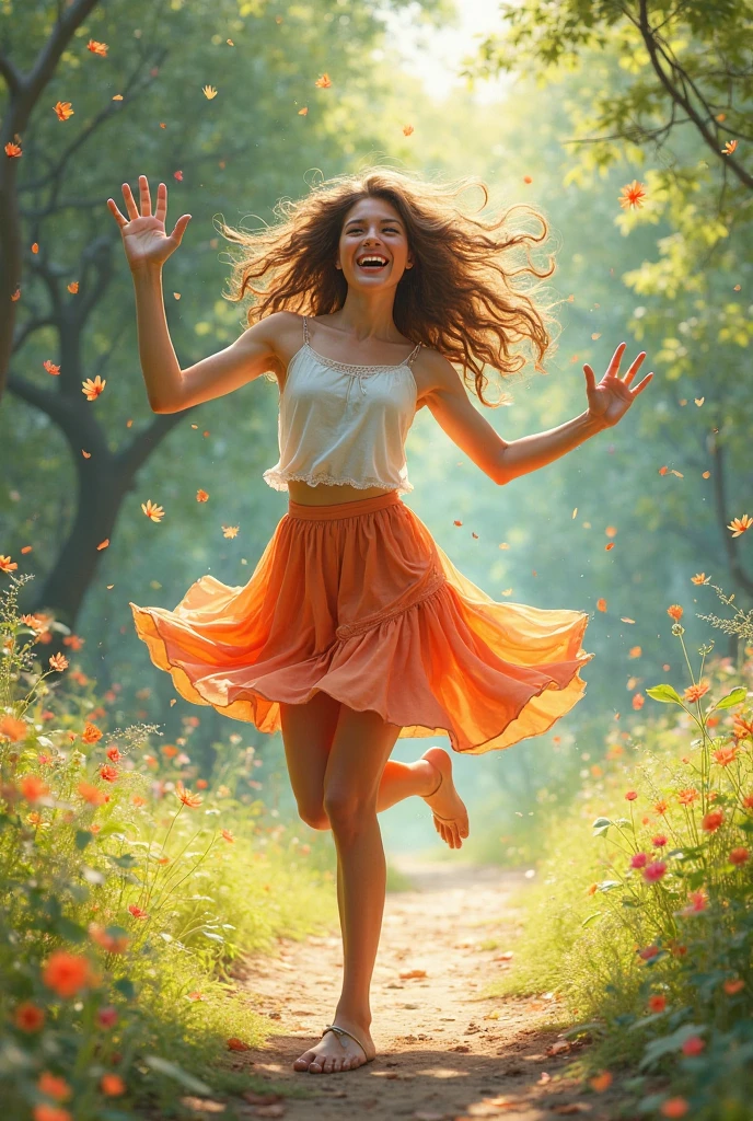 Woman on her back with open arms jumping happily, light blue dress, Light brown bun hair, dry leaves on the ground and falling 