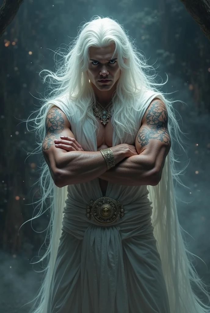 a man with effeminate features, white hair, muscles and a cursed aura