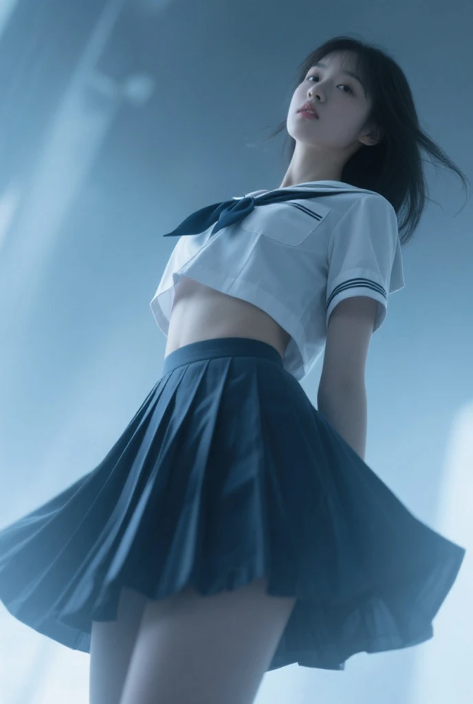(最high quality, 8K, masterpiece: 1.3, Ultra HD, high quality, 最high quality, High resolution, realism)) 、slender、slenderだがアスリートのような細マッチョ、I don't want my head to disappear from the screen.、inner color((colored inner hair))、Smile((smile))、black hair((black hair))、black eye、Summer Clothes((white))wear a sailor suit、Lower milk visible、My abs have a six-pack、Navel visible、Wear a navy blue pleated skirt、white靴下履く、Three-ply chignon((triple bun))、summer blue sky、There is a contrail between the clouds、Low-angle perspective、Lush、front ponytail((front ponytail))、Under the shade