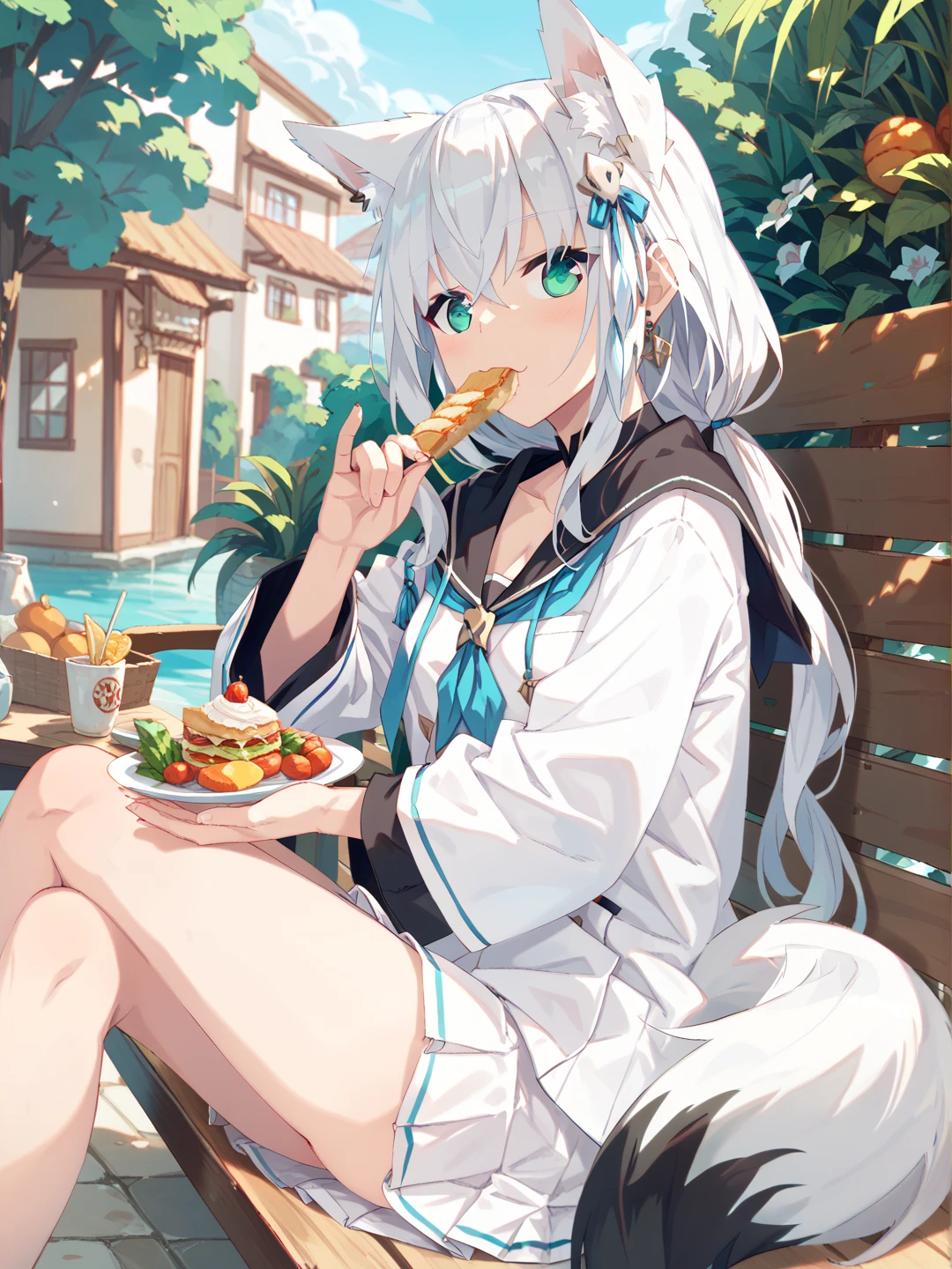 masterpiece, best quality, highres, lh1, hair_ornament, long hair, ponytail, serafuku, blue shirt, open cardigan, blue cardigan, sailor collar, long sleeves, blue ribbon, school uniform, <lora:lize_helesta_v10:0.7>, bench, sitting, cherry blossoms, eating, food,