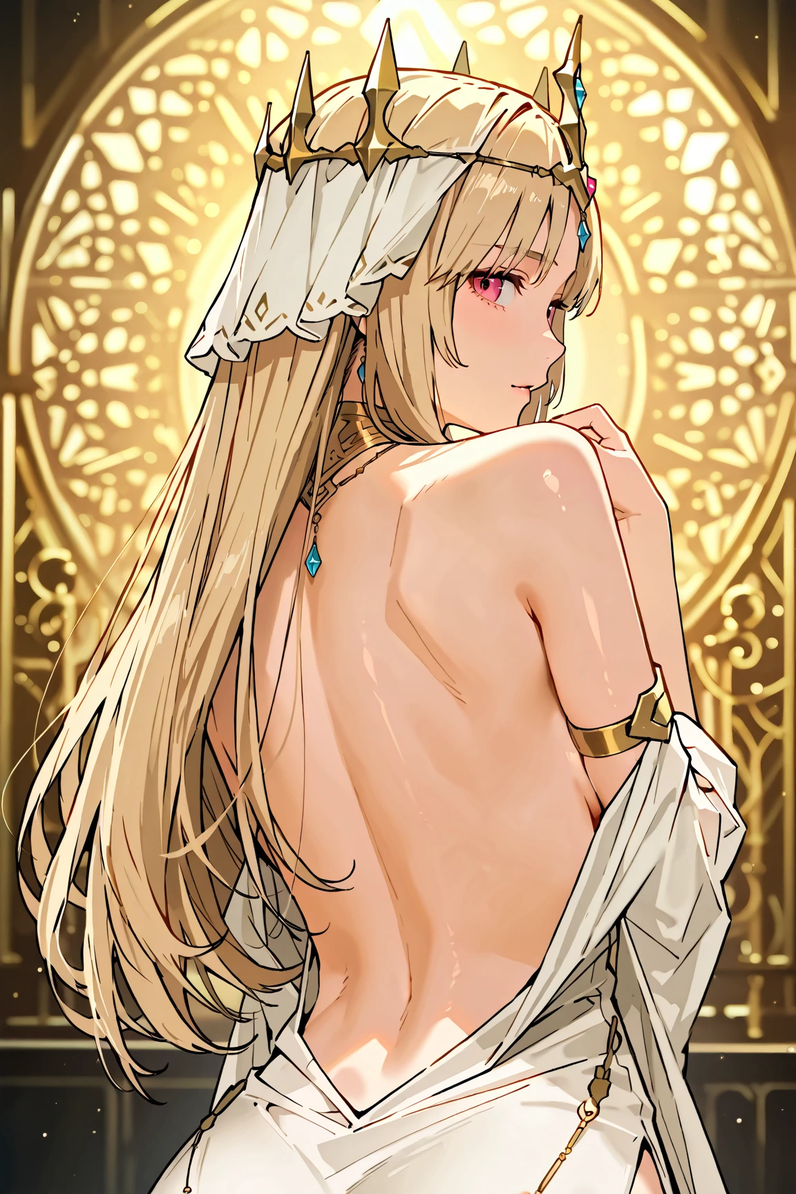 nsfw:1.5, Top quality, masterpiece, ultra high resolution, , (top quality, high resolution, 4K, detailed lighting, shaders, perfect anatomy, perfect proportions), eye of the beholder, (masterpiece, top quality) (top quality, 4K, 8K, high resolution, masterpiece: 1.2), highly detailed, (masterpiece: 1.3, top quality, ultra high resolution, ultra detailed), (top quality: 1.2), perfect eyes, perfect face, (top quality, 4K, 8K, high resolution, masterpiece: 1.2), highly detailed, (top quality, 4K, 8K, high resolution, masterpiece: 1.5), highly detailed, masterpiece, top quality, ultra detailed, top quality, high resolution, 32K CG, very delicate and beautiful, illustration, high resolution, sharp focus, girl 1 person, very beautiful and detailed anime face, very detailed eyes, ((masterpiece)), ((best quality)), (super detailed), ((cute)), cute, ((very detailed)), 4K, (8K), best quality, (best quality, 8K, 32k, masterpiece, super high resolution, very detailed, impressionistic:1.2), blurred background, (two arms) , (two legs), (four fingers and 1 thumb) , only one belly button, Bare shoulders.
(Beautiful woman). (Profile: 1.3). (Looking away: 1). (Wedding dress: 1.25). (Belly dancer cosplay: 1.5). (Tiara: 1.4). (Front view: 1.1). (Palace: 1.6). (Standing with legs apart: 1.3). (Realistic water droplets: 0.4). (Showing off breasts: 1.5). (Beautiful face: 1.2). (Necklace with trimmed blonde hair: 1.2). (Shiny tanned blonde: 1.2). (Long straight hair: 1.3). (White choker: 1.5). (Necklace: 1.5). (Bracelet: 1.5). (Bangs swept to the side, showing forehead: 1.4). (Blue-green eyes). (Happy smile: 1.6). (Embarrassed: 1.2). (Naked: 1.5). (Dark skin: 1.5). (Perfect proportions: 1.6). (Small pink nipples: 1.3). (Breasts, nipples and genitals not covered: 1.7). (Full, beautiful breasts: 1.5). (Perky breasts). (Narrow waist). (Slender body). (Beautiful butt: 1.2). (Realistic facial expression: 1.4). (Realistic skin: 1.4).