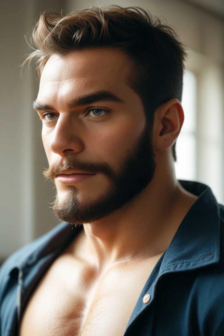 anime style, muscular, black hair, blue eyes and beard