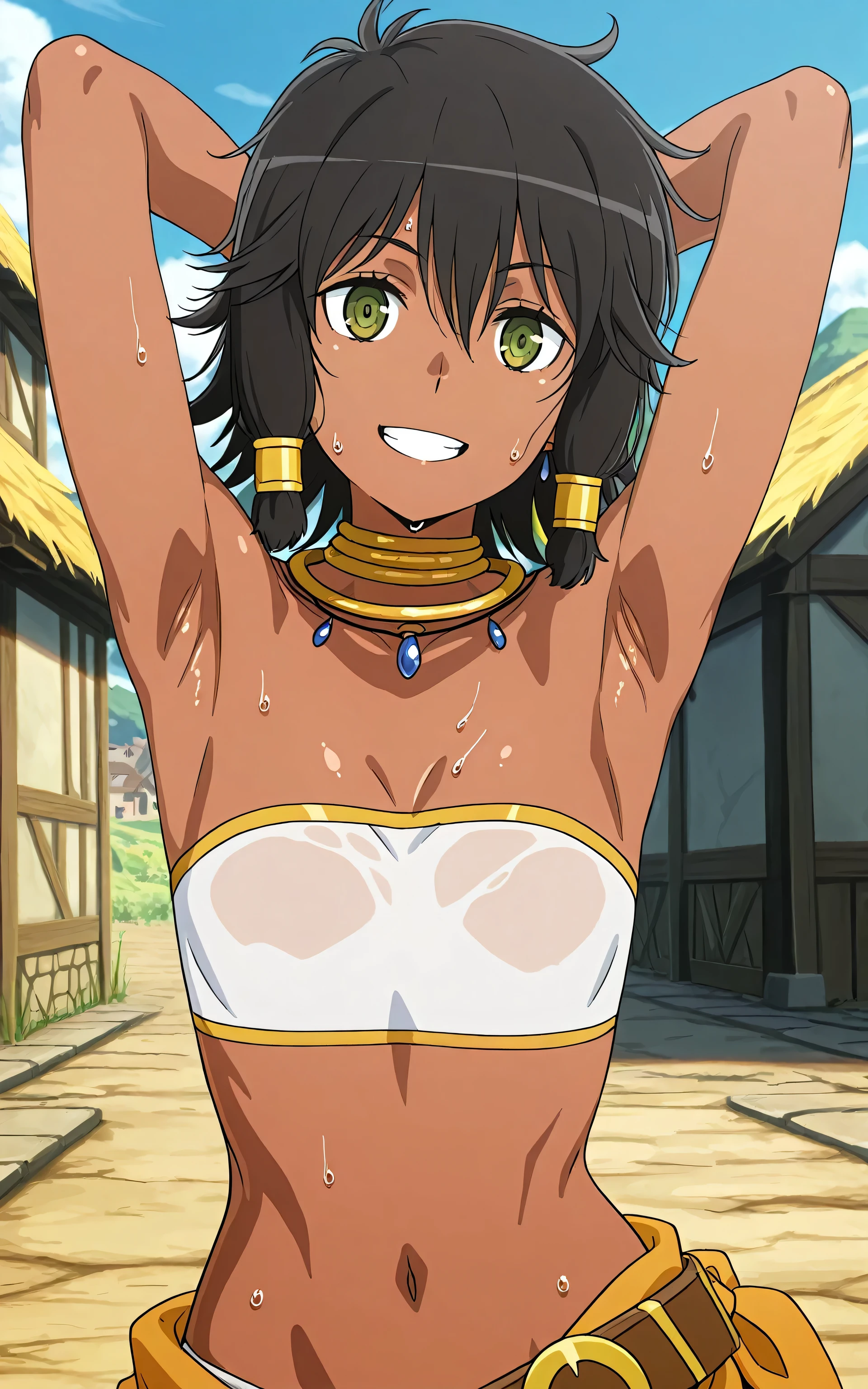masterpiece, best quality, amazing quality, anime screencap, anime coloring, 1girl, solo, dark skin, short hair, hair tubes, black hair, green eyes, earrings, TionaHiryute, neck ring, necklace, white bandeau, flat chest, loose belt, sarong, arms behind head, armpits, head towards viewer, looking at viewer, smile, teeth, (front light:1.1), outdoors, day, village ,sweat,sweaty,sweat stains