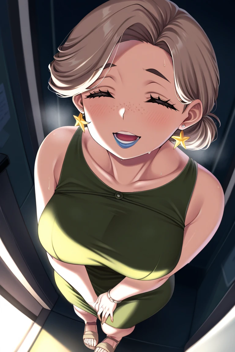 masterpiece, best quality, saeko tanaka, looking at viewer, yellow hair, yellow eyes color, very large breasts, upper body, portrait, looking at viewer, seductive smile,both hands raised, armpits, armpits visible, sweaty armpits, wearing white tanktop,