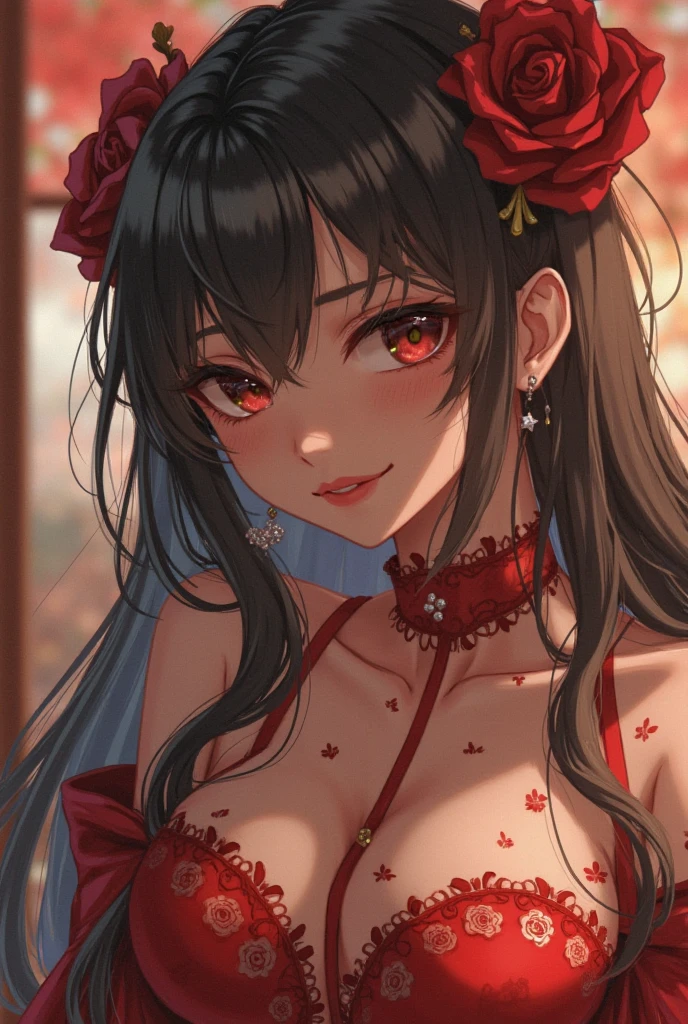 araffed woman in lingerie posing on a bed with a red rose, lingerie, very Sexy devil outfit, Red and black costume!!!, wearing Sexy lingerie, laced lingerie, black and red, enticing, fantasy outfit, black and red Silk clothing, black and red only, lingerie!!, Silk, tease, Red and black, Sexy, Sexy :8, Tumbler、surreal waiizi flowers, soft light misty, magical flowers, flowers with very long petals, Vague bouquet, a glowing flower, alien flower, beautiful image, a glowing delicate flower, staggering in its beauty,Higanbana、amaryllis、a close up of a field of Red flowers in a forest, red blooming flowers, Bright but gloomy red, glimpse of red, Red flowers, very red colors, Red Forest, Bright red, Bright red colors, Red flowers of different types, Bright red and green colours, in a red dream world, Red magic surrounds her, Red irises、Arafed view of the room with table and vase, Japanese houses, Stunning light reflection, traditional japanese colors, Gorgeous composition, magical colors and atmosphere, A dark-haired、Black hair、A dark-haired姫カット、A dark-hairedロング、hair adornments、hairpin、Flowers in the hair、Flowers in the hairびら、Best Beauties、Awesome、well-styled、exquisite style、dual、Black eyes、Seductive eyes