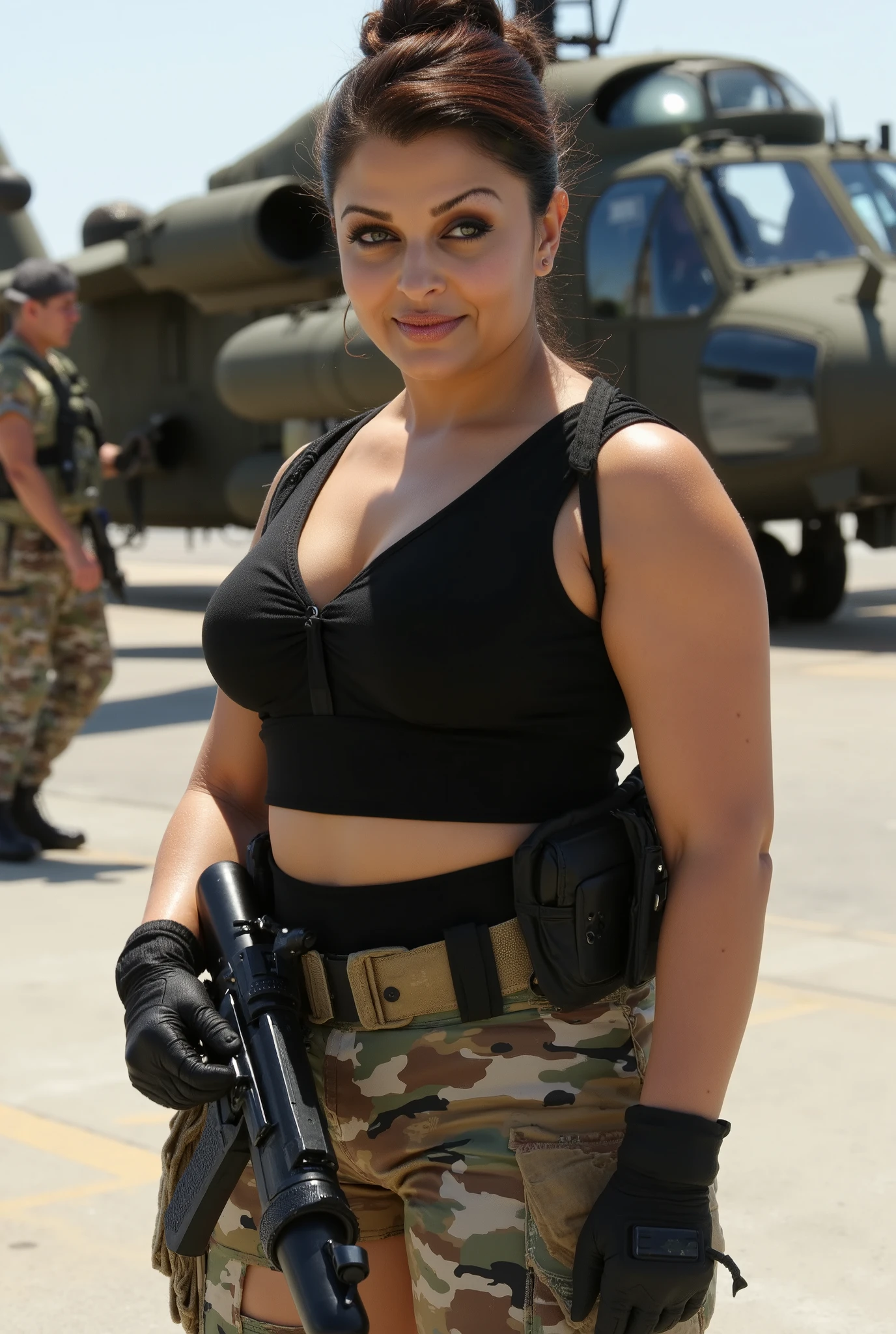 Full body photo of 50YO MATURE MILF AISHWARYA RAI as a SEXY ARMY MILF COMMANDO, WEARING FULL (((BLACK TIGHT COMMANDO GEAR WITH SHORT TANK TOP SHOWING MASSIVE CLEAVAGE AND MID RIFF))), ((((DARK SMOKY EYE MAKEUP WITH ARCHED EYEBROWS)))), COMBAT BOOTS, COMBAT GLOVES, KNEEPADS, CAMO PLATE CARRIER RIG, intricate details, POSING next to army helicopter in an airstrip, ((FLIRTATIOUS SARDONIC SMOULDERING SMIRK)), ((MESSY BUN TIED HAIR)), SUNNY day scene, MATURE HOURGLASS MILF FIGURE, look straight at camera, bright volumetric lights, intricate details, (ArtStation:1.2)