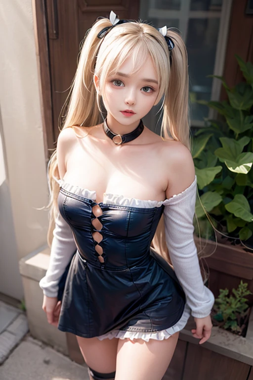 (glowing skin, pale complexion), near the front, a 16-year-old student, medium chest, wearing a large dress with no underwear underneath, no showing points, sexy and playful dynamic pose, seductive charming, voyeuristic perspective, highest resolution, highest quality, highest quality, highest and most perfect depiction of human body details, stunning facial features, cute double ponytail hairstyle.