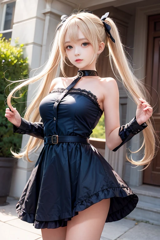 (Muscular:2.2), (thick thighs:2.3), 
(marie rose, blue eyes, blonde hair, blunt bangs, long twintails:1.5), beauty mark, freckles,
(earrings, eyeshadow, lipstick:1.3), 
detailed eyes, (big smile:1.8), detailed skin,
(flat chest:2), hard nipples,
(choker, black bows:1.5), (off the shoulder minidress:2), 
(upper body view), (looking at viewer), (three quarter view:1.6), (standing),
(dark bedroom), rim lighting, two tone lighting, dimly lit