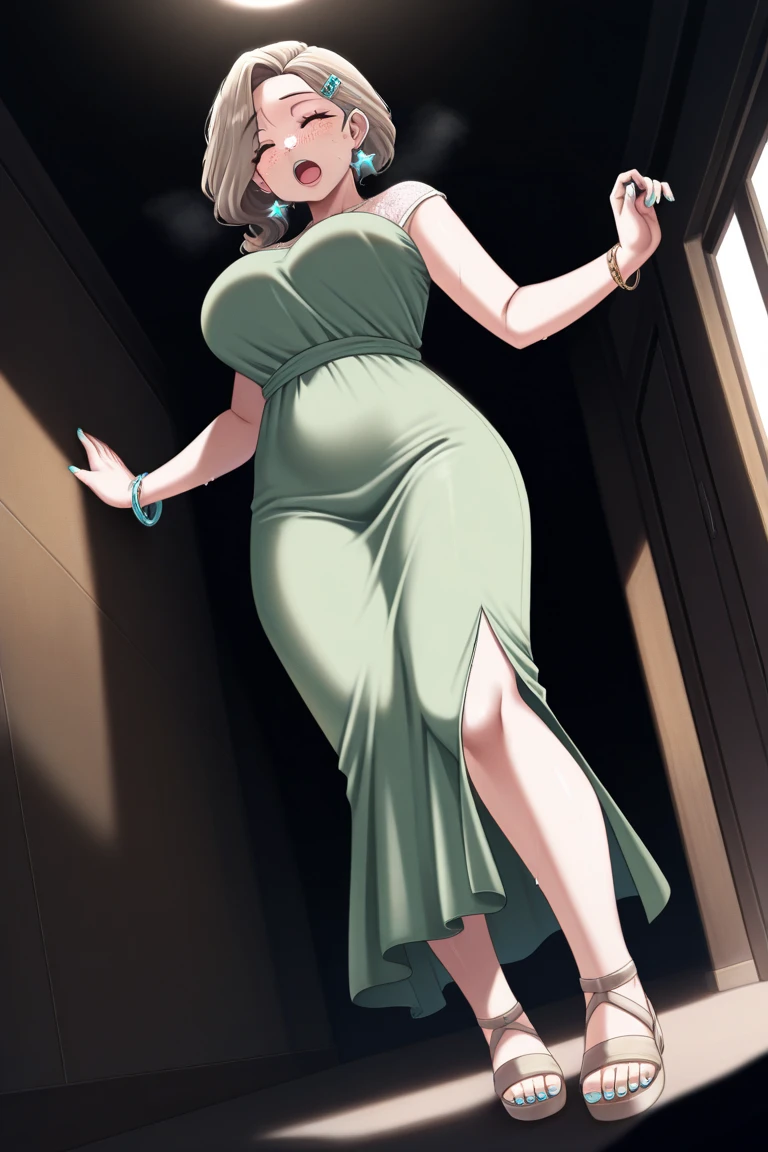 chubby girl, blonde, green eyes, medium length hair, black square-rimmed glasses, open forehead, no bangs
long dress, green dress, Beautiful dress, elegant 