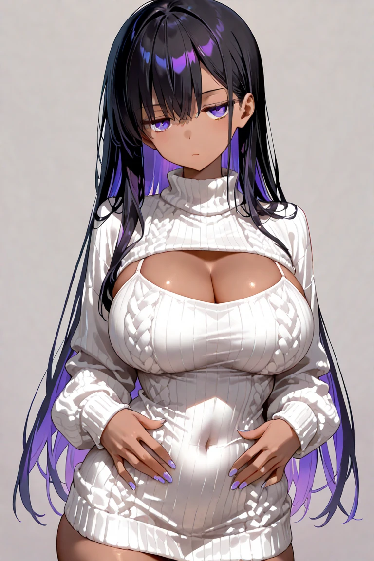 1 girl, against white wall, wallpaper, 8k, masterpiece, (detailed face:1.1), (detailed eyes:1.1), {purple hair, medium hair, straight hair, blunt bangs}, smile, (gigantic breasts:1.2), (white turtleneck shirt:1.3), (black miniskirt:1.2), looking at viewer, front view, from above, sitting,