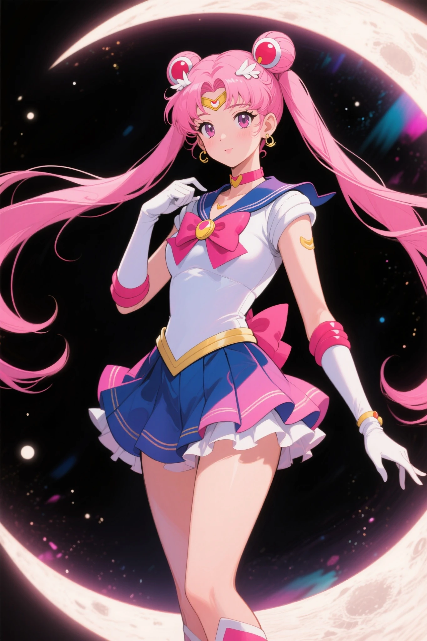 sailormoon、uniform with sailor collar、Blue or white、front red ribbon front(crescent) a blond、long twintails、Her blue eyes are held together with a ribbon behind her, and she wears a small tiara on her head.、Designed with a crescent moon symbol、gloves boots: Sailor Moon wears tall boots、This is also a design that harmonizes with the uniform.。