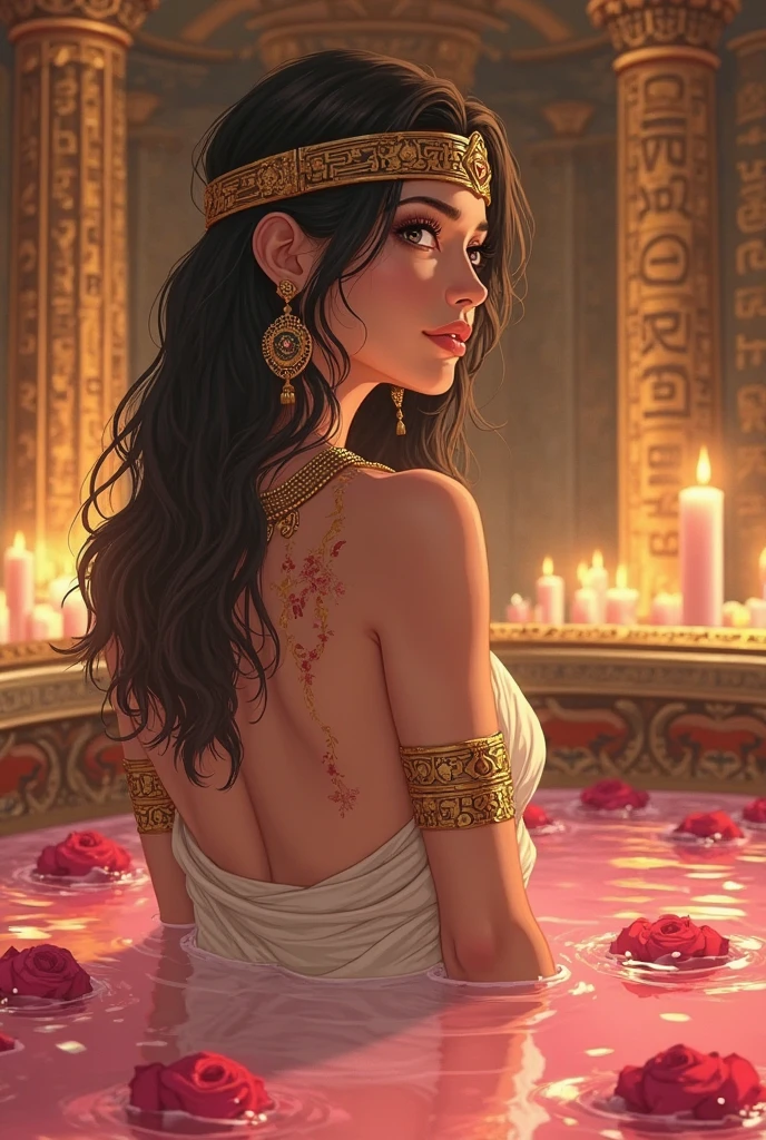 Egyptian queen bathing on her golden bathtub with full of rose petals in anime version closeup up shot