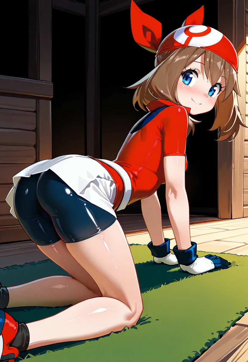 masterpiece, highest quality, High resolution, blue eyes, Calm \(Pokemon\), 1 girl, alone, Thighs, Long Hair, have, jewelry, bracelet, black Thighs, Collared shirt, Pleated skirt, Red Skirt, Sleeveless, High Waist Skirt, Sleeveless shirt, eyelash, pink have, Black Shirt, Wear glasses on your head, Upper Body, Field, smile, Mouth closed, My ass is touching her heels, Looking over your shoulder, The skirt rose, Panty shot, panties, タイトなpanties, 赤いpanties, blush, On the grass. There is a lot of thick white mucus on the buttocks
