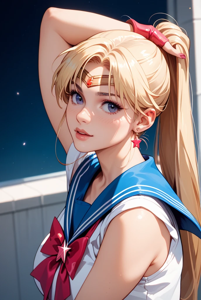 (((Perfect body,White and tender skin,(((Blue and white sailor suit, black high heels, and a bright red bow on the chest))),(((SMUsagiTsukino,Slender and soft golden hair, crystal clear and delicate skin, bright blue big eyes, thin cherry colored lips,,))),((masterpiece)),highres,((Best quality at best)),masterpiece,quality,Best quality,((( Exquisite facial features,Looking at the audience,There is light in the eyes,(((lol,happy))),))),(((Light and shadow,Huge breasts,))),(((Looking at the camera,black background,))))