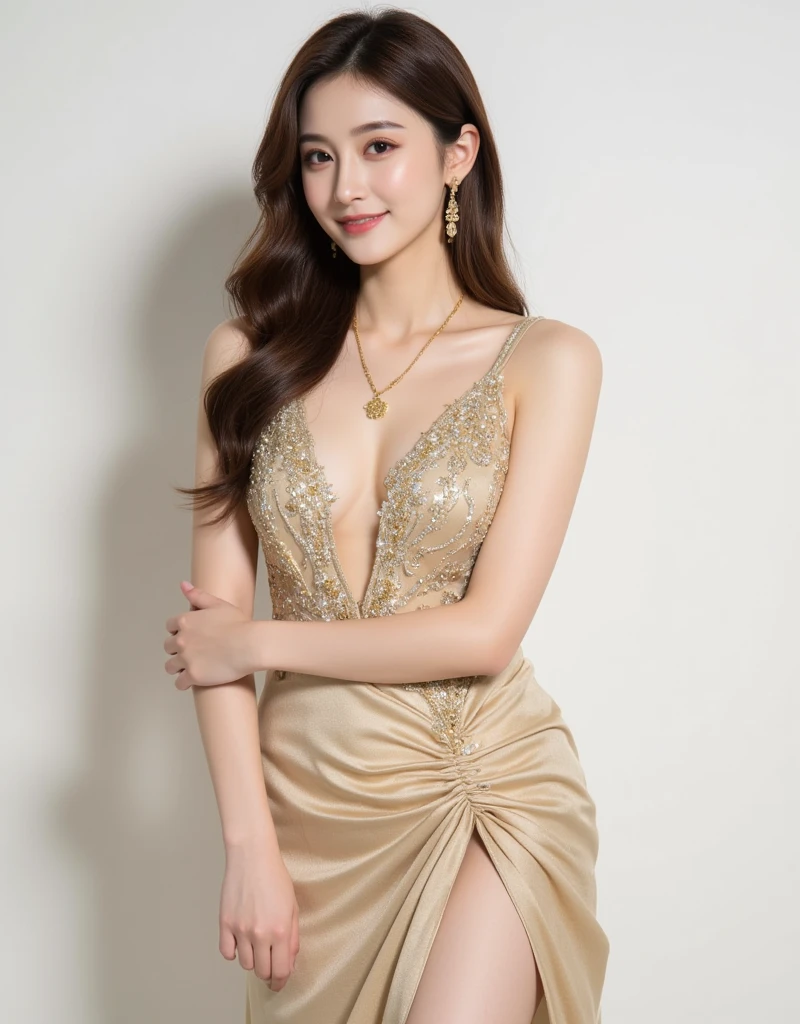 1 Chinese beauty，23 years old，Full breasts，Big wavy long curly hair，Hips，Long legs，tall and slim figured，Charming and sweet smile，Wearing a deep V white sling hip skirt with feathers，Wearing big silver earrings，Left hand on waist，Right hand than heart，Wearing royal blue high heels，Dark gray gradient background board，Hyperrealism，Level lighting atmosphere，Natural fair skin，full-body shot