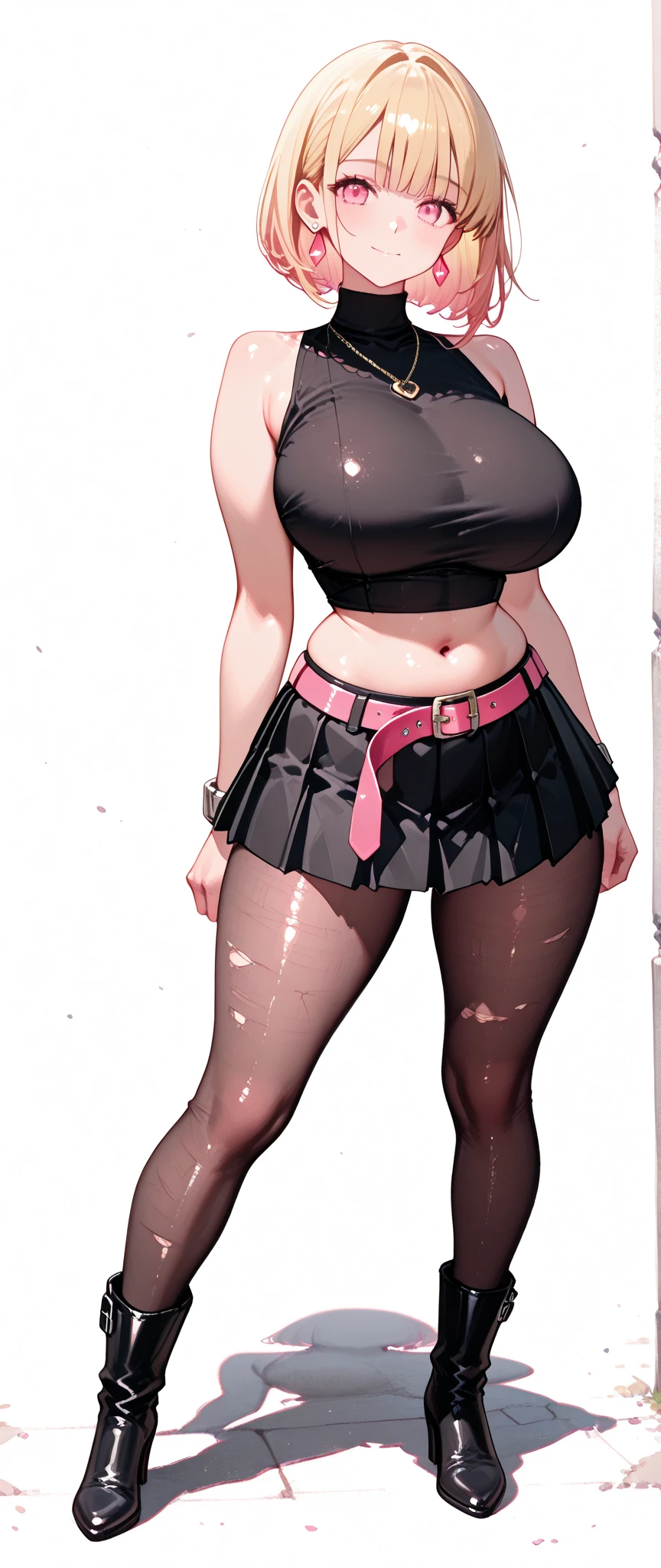 A tall sexy beautiful woman with big breasts, long black hair, braids her brown eye, eyelashes, slim black pink lip, dresses in a short white top, shows her navel, wide sexy curve, and her black miniskirt, brown heels, red gloves.
