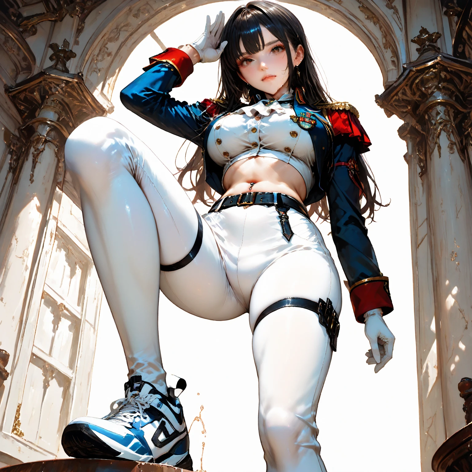 ultra-detailed, Explicit, Beautiful body, Beautiful Nose, Beautiful character design, perfect eyes, perfect face, ultra highres, 4K, beautiful legs, perfect legs, Nice hands, Perfect hand, Masterpiece, Best Quality, Highly detailed, illustration, absurdres, street fighter, doll suit, shadaloo doll, dollsuit, 1girl, Solo, expressionless, blank eyes, looking at viewer, red gloves, emotionless, black latex, corrution, mind control, female combatant, full body, hypnotized, unhappy trance, full body suit, ribbed bodysuit, both arms at side, stand up straight, obey, perfect female body, extremely glossy latex, hypnosis, hypnoLora, empty eyes, Mind control device, poses, brainwashed, submissive_pose, Slave, hat, necktie, sitting on the throne, sitting , sitting at attention, belt, latex, garter belt, thighhighs, garter belt, nazi saluting, military, military saluting, salute, Pope Joan, Fate/Grand Order, grey hair, long hair, blue eyes, very long hair, royal throne