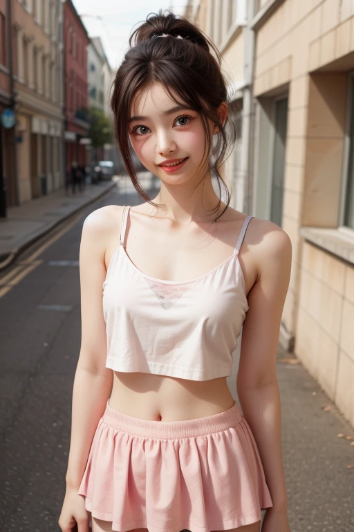 Whole body 1.3,Front shot,(highest quality, masterpiece), (Beautiful 12 year old Japanese girl), (freckles:0.6), Soft Light, ponytail, Fine grain, Brown eyes,White tank top,Tight pink shorts,,sit