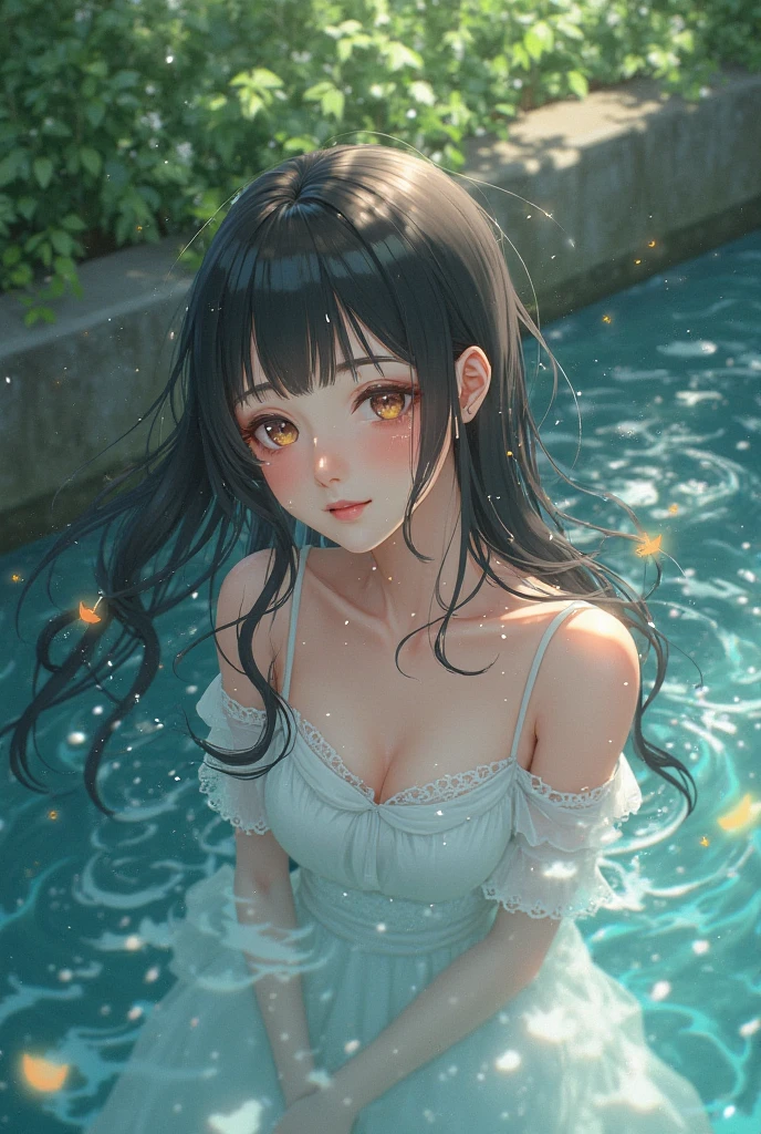Night view, Close-up photo of Danelia Treshova, Small breasts, Bathing near a waterfall, Body immersed in water, slender cheeks, Wet Hair, Lift your chin, Fascinating face, Very good, stone, pure water, Showing cleavage, splashing water on the body, Realistic pores on the body, Looking up at the sky and smiling, Black ponytail, (blue eyes: 0.8), Beautiful adult face, 40s, Soft Volume Light, (Backlight: 1.3), (Cinematic: 1.3), Intricate details, (Art Station: 1.