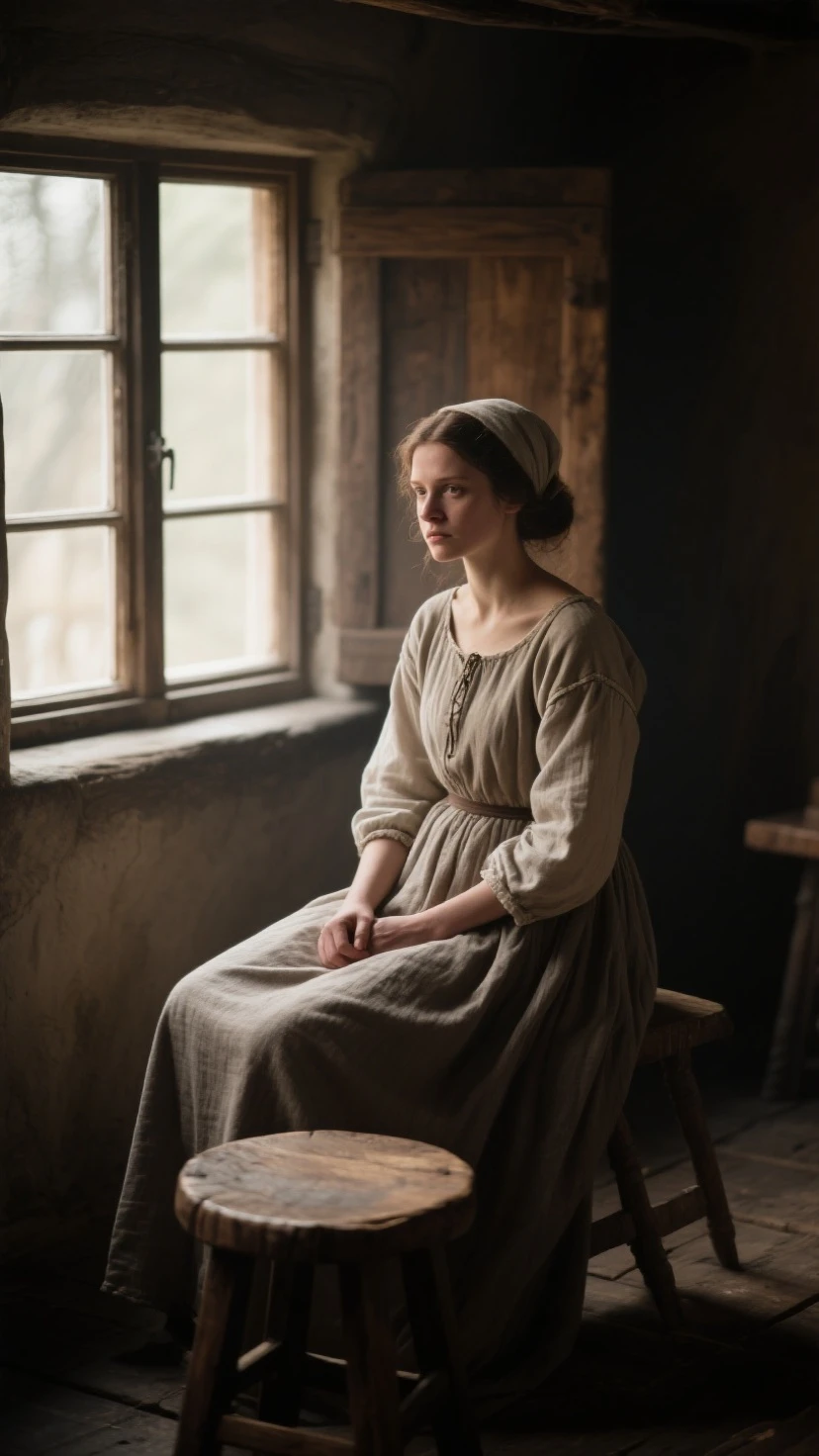 Cinematic Film Still, Medieval \(setting\), beautiful peasant woman, auburn hair, short braid hairstyle, pale skin, [light freckles], outdoors, picking crops, field, gloomy, overcast, cool color temperature, detailed skin texture, wearing soft linen Chemise, dramatic, dirty, castle wall in background, solo, cinematic lighting, muted color palette, shadow, 50mm, F/5.6 lens, ISO 1000, (extremely detailed), grim, gritty, Movie Still from Kingdom Come Deliverance