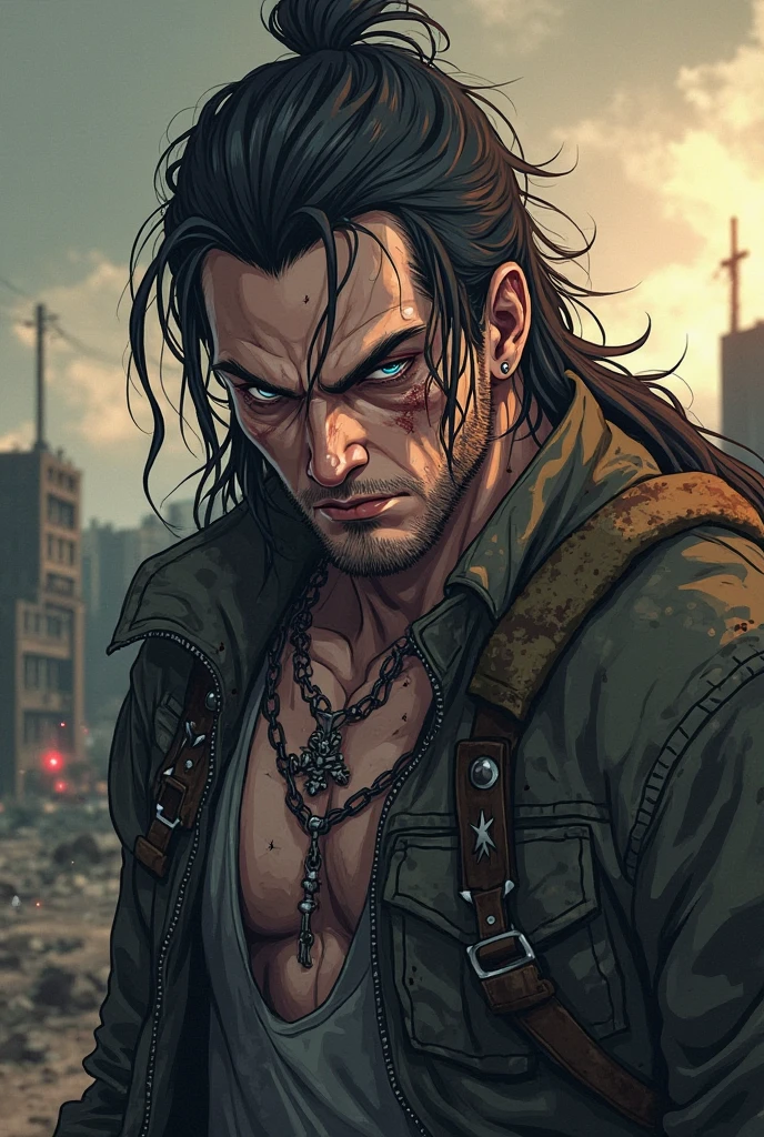 He is tall with dark, unkempt hair that reaches his shoulders. His face features attractive, sharp features along with green eyes. He has fair skin and a lean yet muscular build. Despite his good looks, his clothes are torn and unkempt. He's currently chained and muzzled, an expression of anger plain on his face, as he struggles against his restraints.
He's muscular and extremely attractive