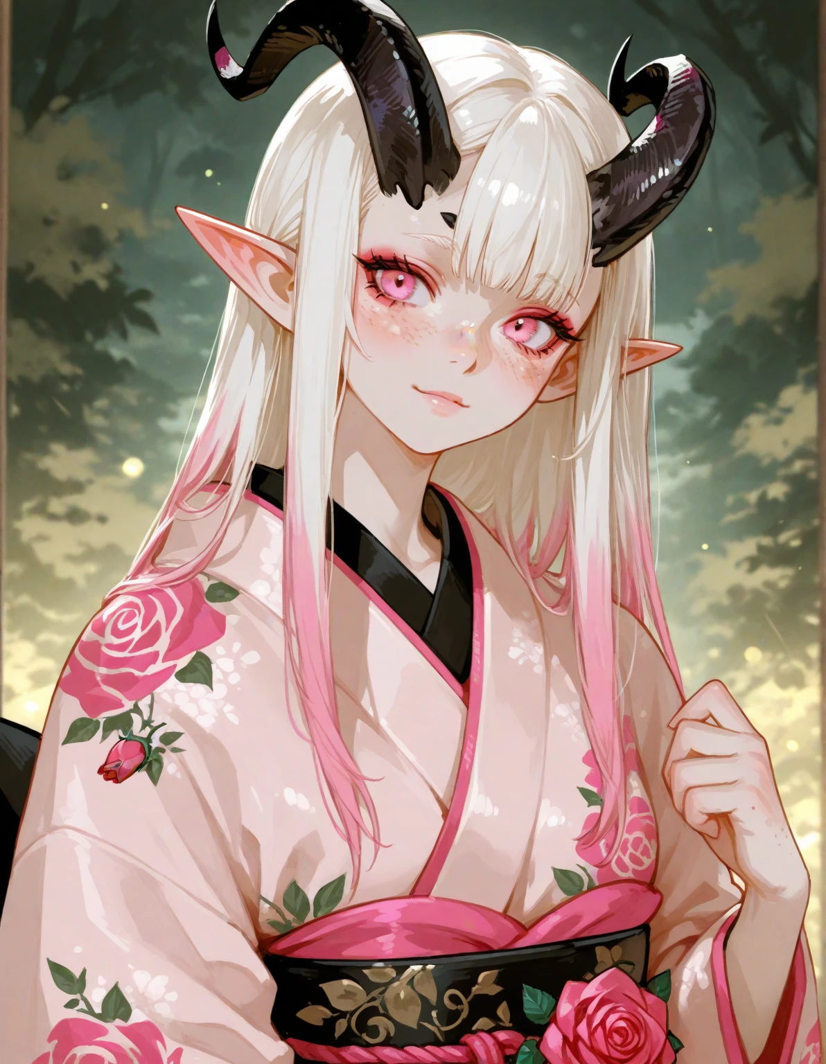 
High resolution, smile, Earrings, Ukiyo-e, Horns of the beast, Pink Eyes、tooth, Long Hair, Background New York、whole body、Fantasy
