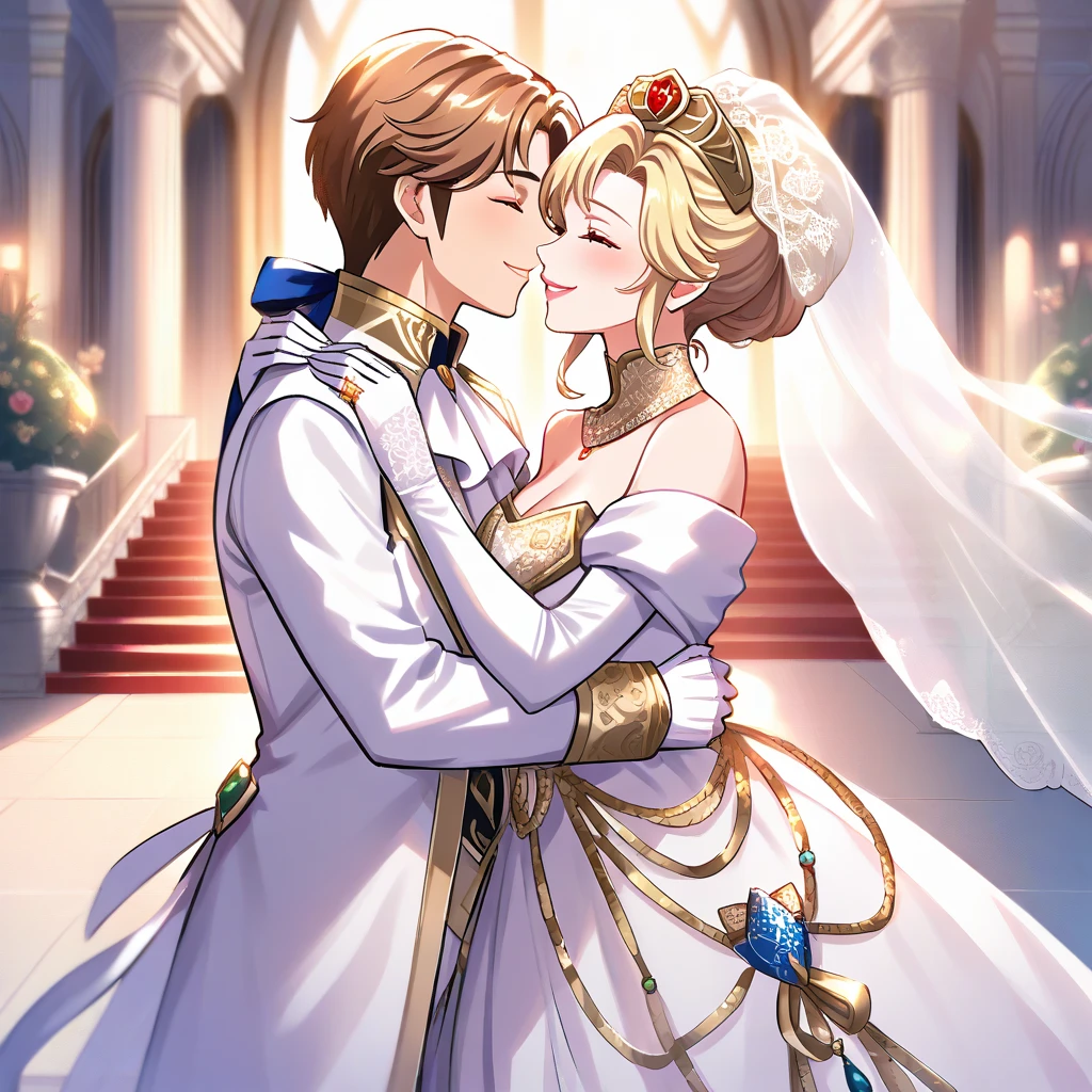 Have a wedding of a couple a blonde princess with a brown haired prince